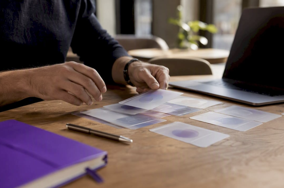 Hands layering content strategy cards on a table