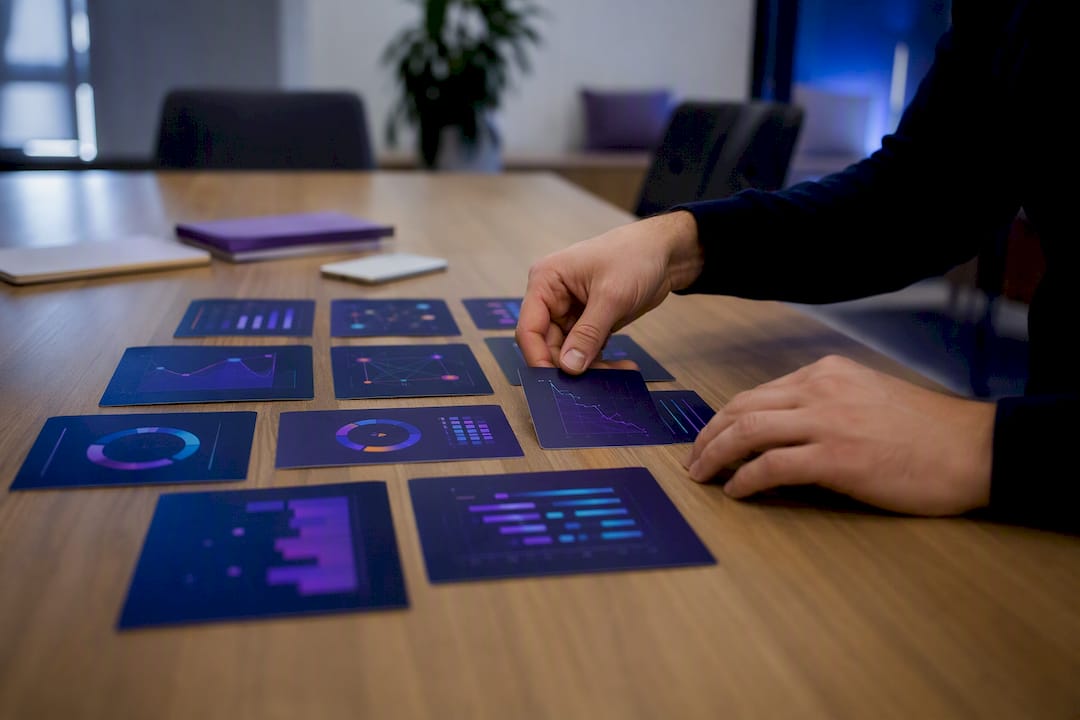 Hands arranging small dark data tiles showing charts that represent AI visibility gaps.